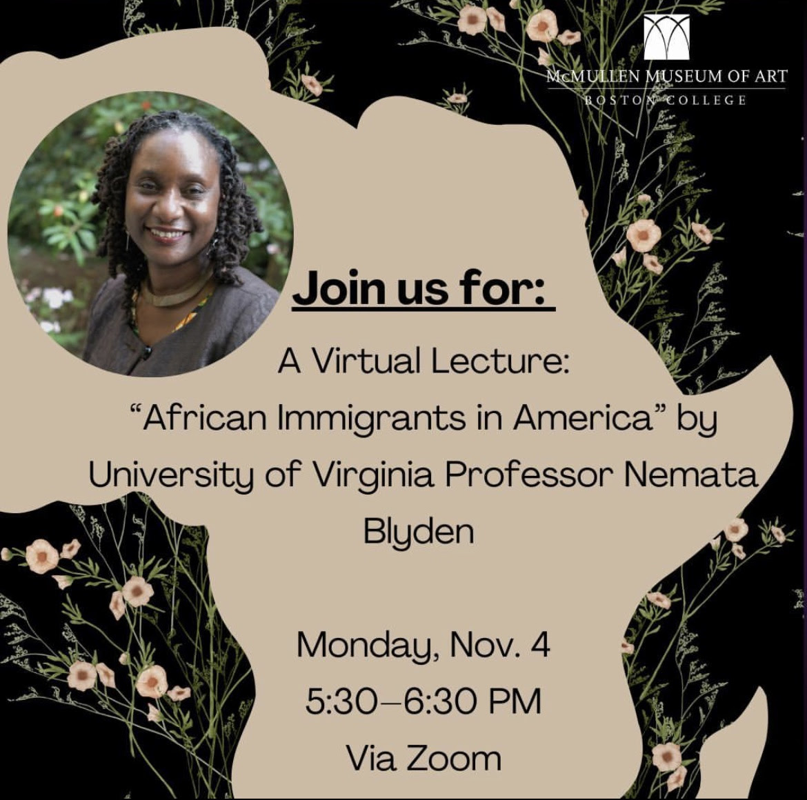 Poster for virtual lecture African Immigrants in America