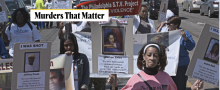 Image of film cover "Murders that Matter" people holding signs at protests with names of victims