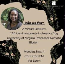 Poster for virtual lecture African Immigrants in America