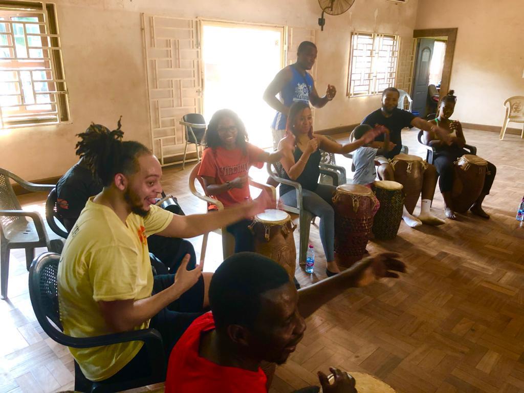 Students in an African drumming class in Accra, Ghana